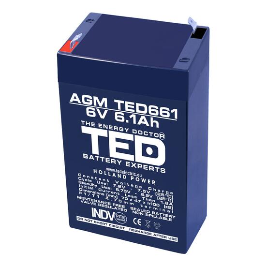Acumulator plumb acid 6V 6.1AH TED TED661 AGM 70x48x101 mm terminal F1