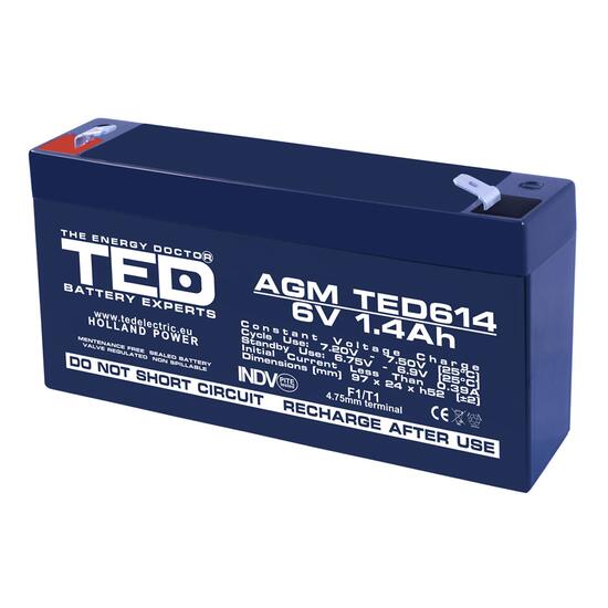 Acumulator plumb acid 6V 1.4AH TED TED614 AGM 97x24x52 mm terminal F1/T1