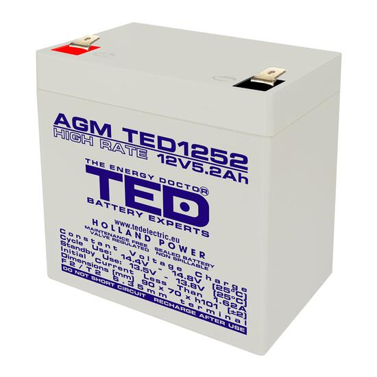 Acumulator plumb acid 12V 5.2AH TED TED1252 AGM High Rate 90x70x98 mm terminal F2