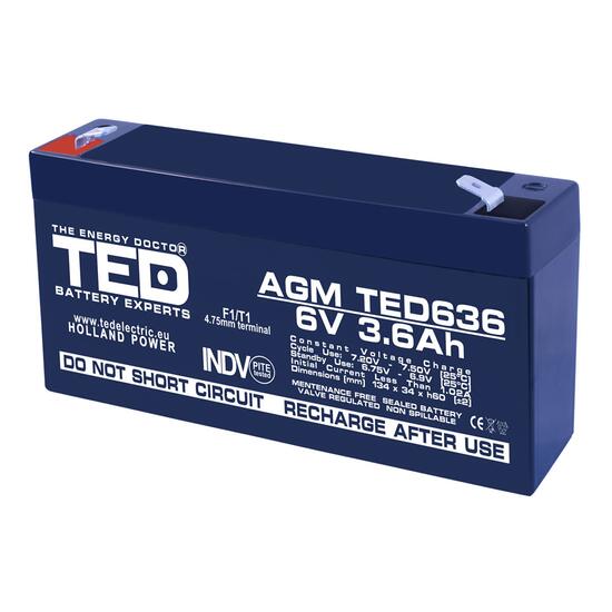 Acumulator plumb acid 6V 3.6AH TED TED636 TED629 AGM 134x34x60 mm terminal F1/T1
