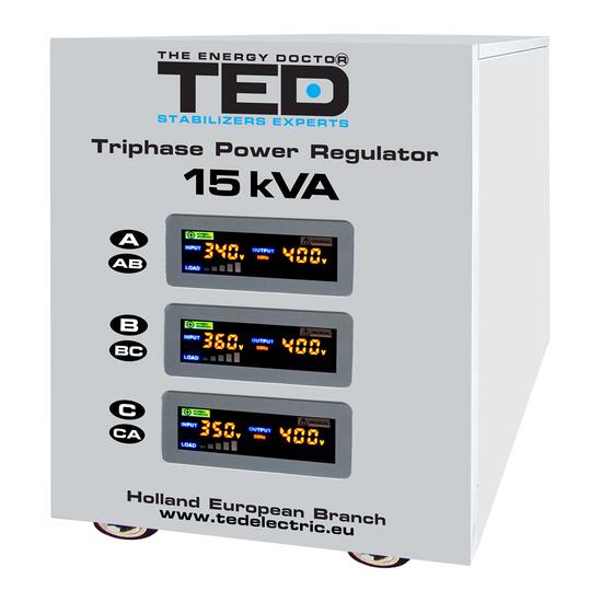 Stabilizator tensiune trifazat 15KVA 12KW TED 15K3SVC, servo motor, SVC