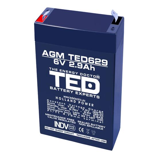 Acumulator plumb acid 6V 2.9AH TED TED629 AGM 66x33x97 mm terminal F1/T1