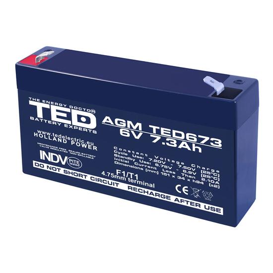 Acumulator plumb acid 6V 7.3AH TED TED673 AGM 151x34x94 mm terminal F1