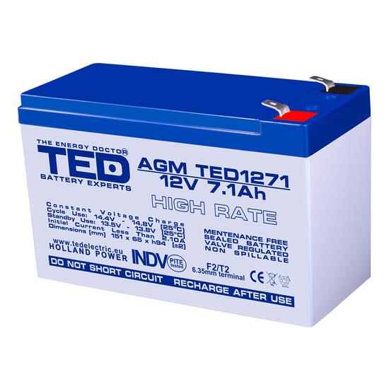 Acumulator plumb acid 12V 7.1AH TED TED1271 AGM High Rate 151x65x95 mm terminal F2