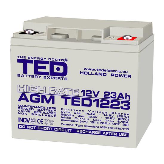 Acumulator plumb acid 12V 23AH TED TED1223 AGM High Rate 181x76x167 mm terminal M5