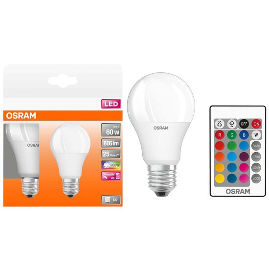 Set 2 Becuri LED RGBW Osram cu telecomanda, E27, 806lm, 60W