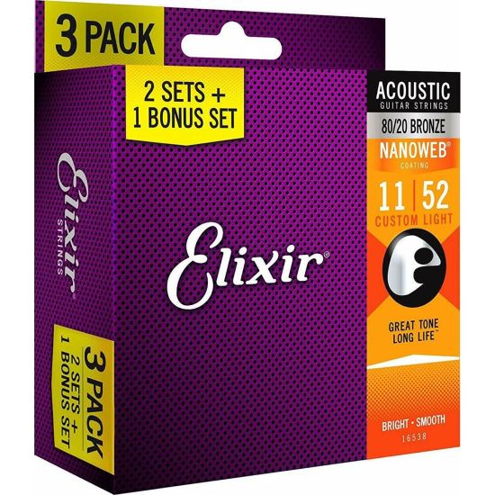 Pachet 2+1 seturi corzi chitara acustica 11-52 Elixir Nanoweb 16538 80/20 , custom light, coated