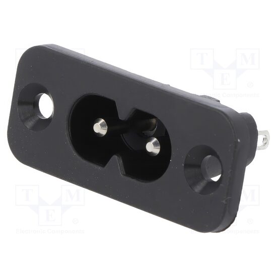 Conector alimentare panou CAS AC C8 IEC60320, soclu, tata, cu siguranta, 2.5A, 250VAC, prindere cu surub