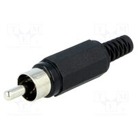 Mufa RCA tata cu manson drept, lipire, contact nichelat, montare pe cablu, alb/negru