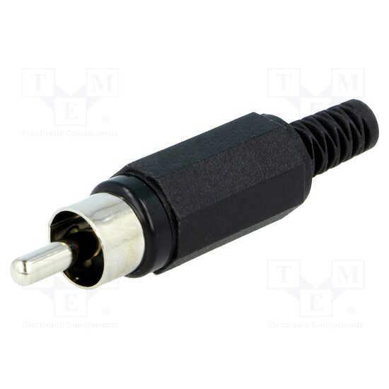 Mufa RCA tata cu manson drept, lipire, contact nichelat, montare pe cablu, alb/negru