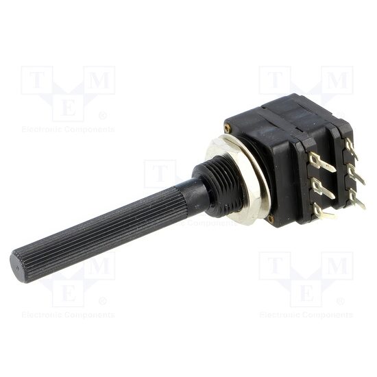 Potentiometru singura tura liniar stereo 50K, tija lunga, THT