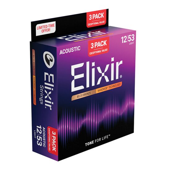 Pachet 2+1 seturi corzi chitara acustica 12-53 Elixir Nanoweb Bronze light