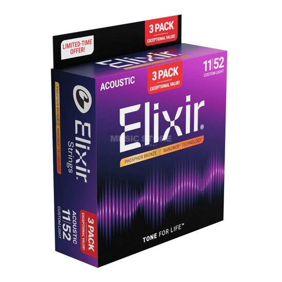 Pachet 2+1 seturi corzi chitara acustica 11-52 Elixir Nanoweb Phosphor Bronze custom light