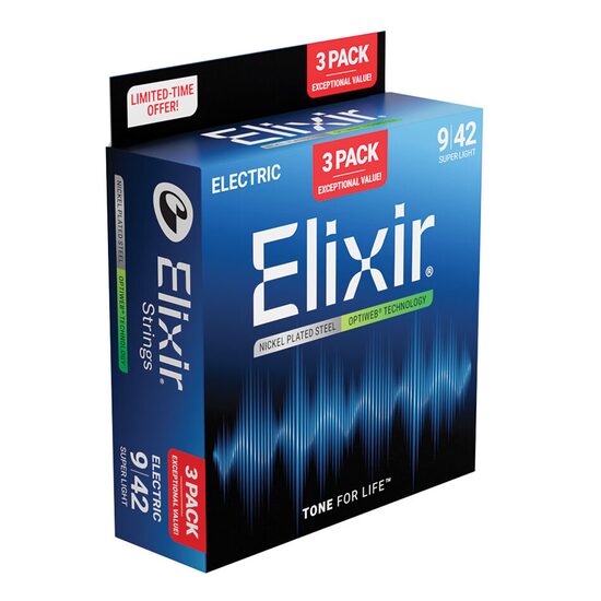 Pachet 2+1 seturi corzi chitara electrica 9-42 Elixir Optiweb super light
