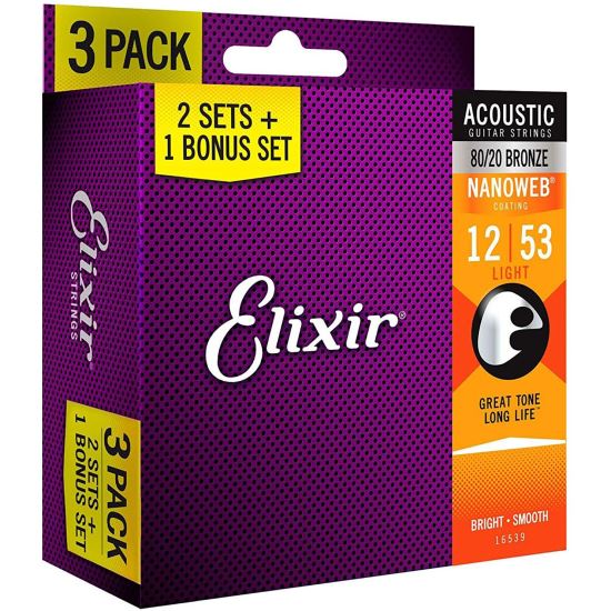 Pachet 2+1 seturi corzi chitara acustica 12-53 Elixir Nanoweb 16539 80/20 , light, coated