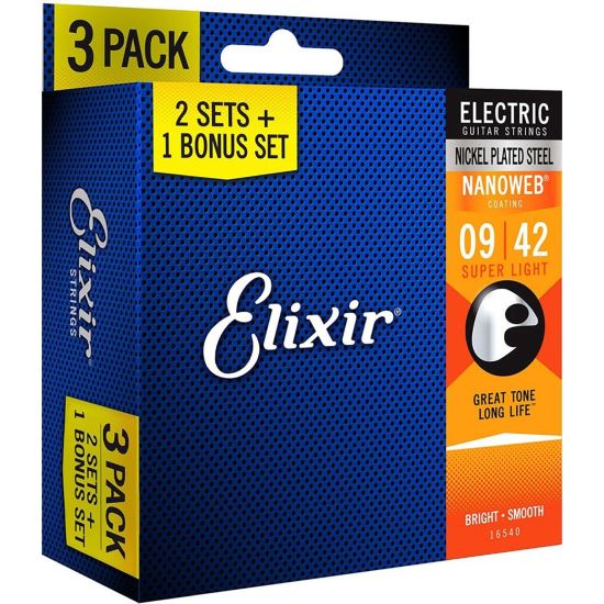 Pachet 2+1 seturi corzi chitara electrica 9-42 Elixir Nanoweb 16540 nickel plated , super light, coated